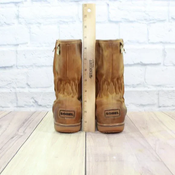 SOREL Brown Leather Gold Logo Round Toe Side Zip Winter Boots Size 8 - Picture 6 of 10